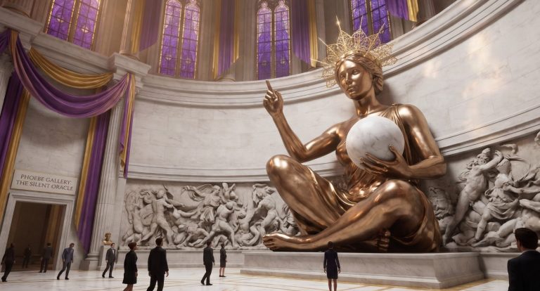 Phoebe is the Aquarian force purifying intellect through intuitive clarity, the "golden crown" over mental chaos. Polishing her "stone" demands humility and listening to the inner Oracle, overcoming arrogance. Große goldene Statue sitzt in einem prunkvollen Raum mit violetten Fenstern und Menschen.