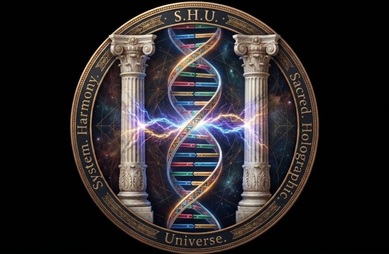 Ein stilisiertes DNA-Doppelhelix-Design zwischen Säulen, umgeben von kosmischer Szenerie.