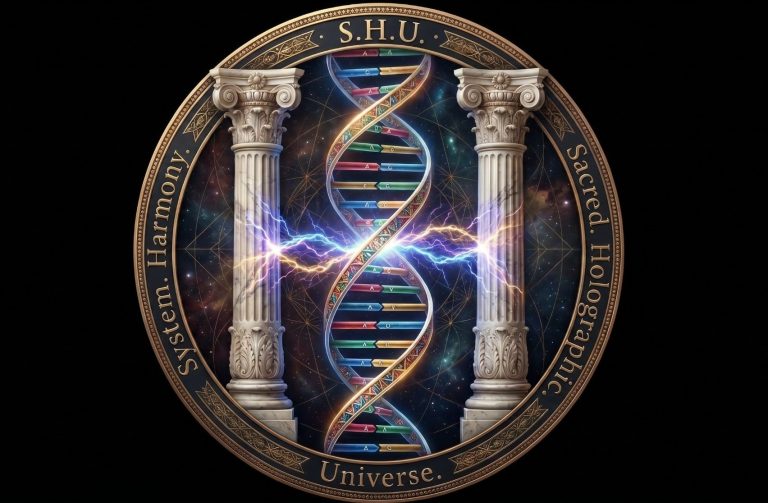 Ein stilisiertes DNA-Doppelhelix-Design zwischen Säulen, umgeben von kosmischer Szenerie.