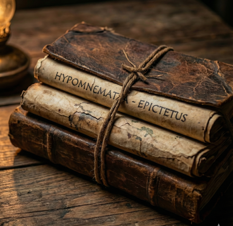 Alter und gebundener Stapel von Büchern auf einem Holztisch.