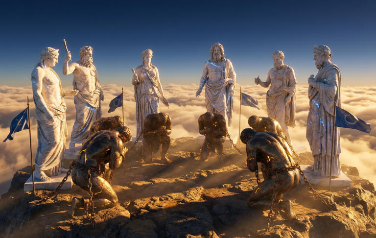 Skulpturen von Göttern stehen über Wolken, während Menschen knieend anbeten.