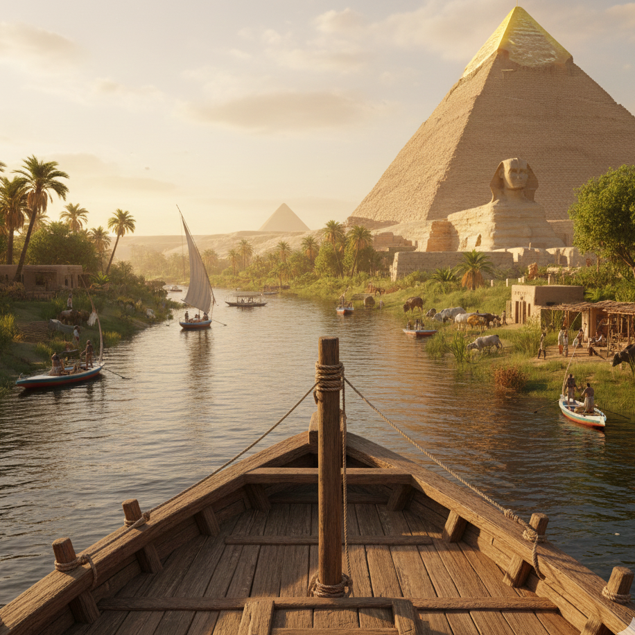 Nach der Hinrichtung des Sokrates verließ Platon Athen, vermutlich aus Sicherheitsgründen. Blick von einem Boot auf die Pyramiden und den Nil bei Sonnenuntergang.