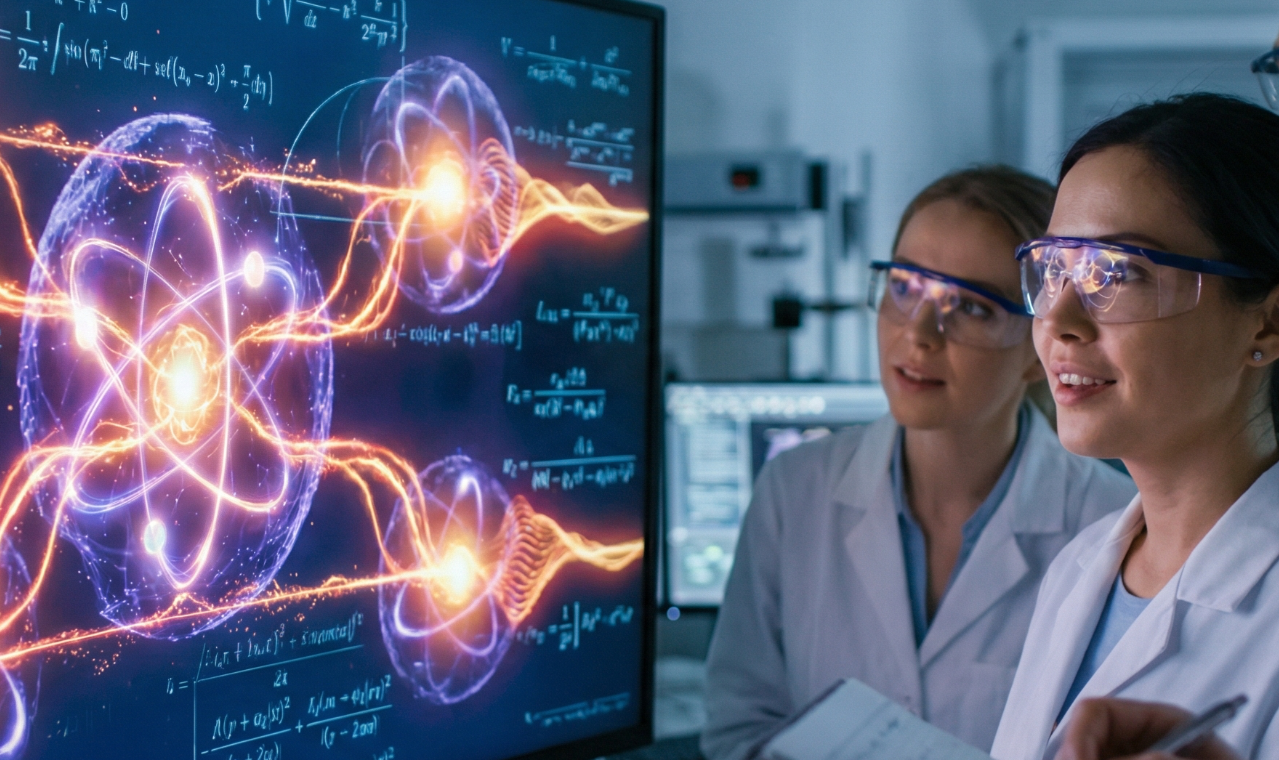 Zwei Wissenschaftlerinnen betrachten Diagramme und Daten zu atomaren Prozessen.