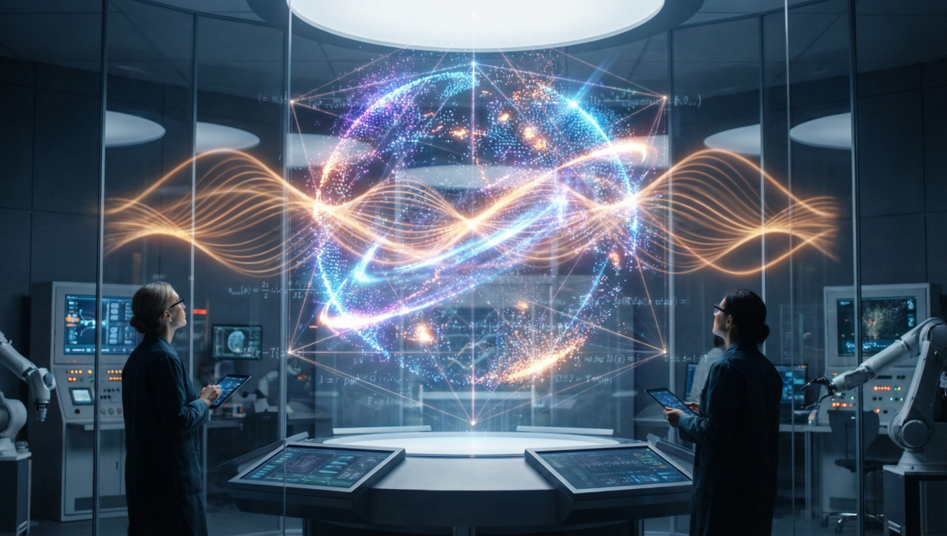 Wissenschaftler beobachten holographische Daten in einem modernen Labor.
