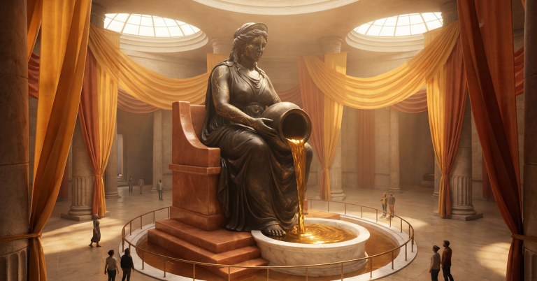 With Rhea’s entry into the cosmic dance, the body—along with the density and the slowness of the natural processes—becomes a condition for maturation. Eine große Statue einer weiblichen Figur, die Wasser aus einem Krug gießt, umgeben von Säulen.