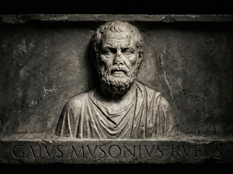 Gaius Musonius Rufus (ca. 20/30 – 101 n. Chr.) Relief eines alten Mannes mit Bart, in Gewänder gekleidet, mit römischer Inschrift.