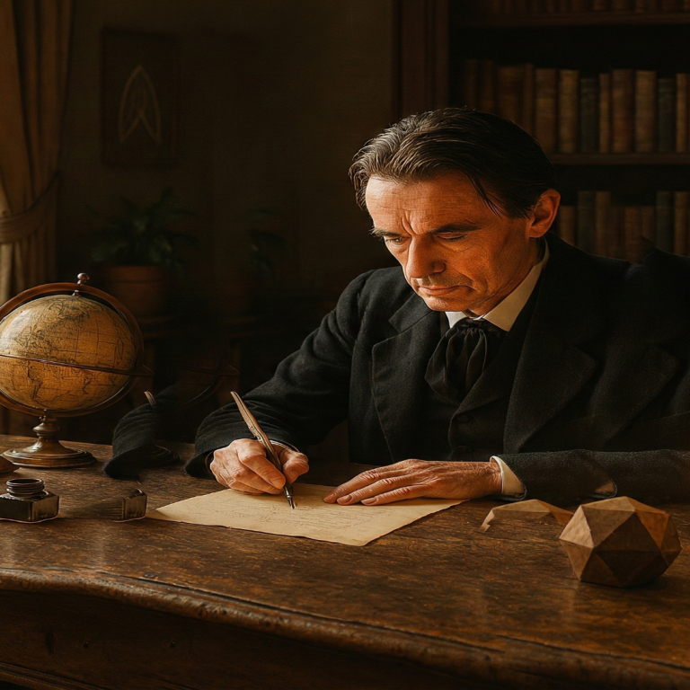 Rudol Steiner, vom logischen Denken zur spirituellen Schau Ein Mann schreibt konzentriert an einem Tisch mit alten Büchern und einer Erdkugel.