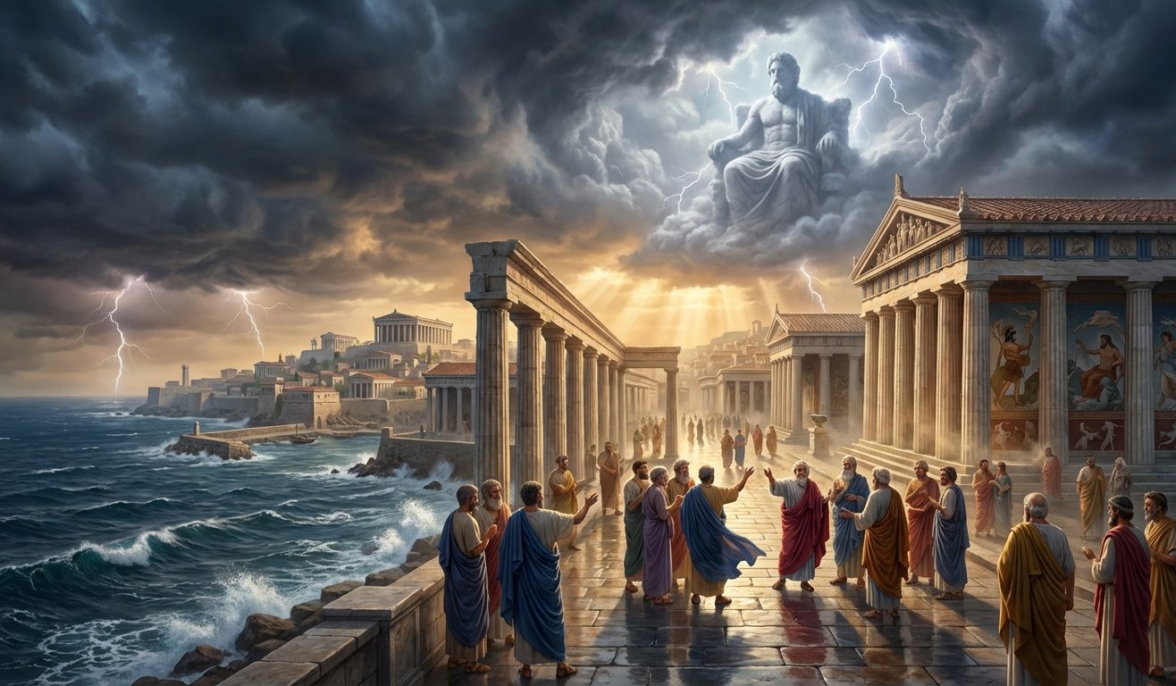 Antike Stadt mit stormy Himmel, Menschen in eleganter Kleidung, Tempel im Vordergrund.