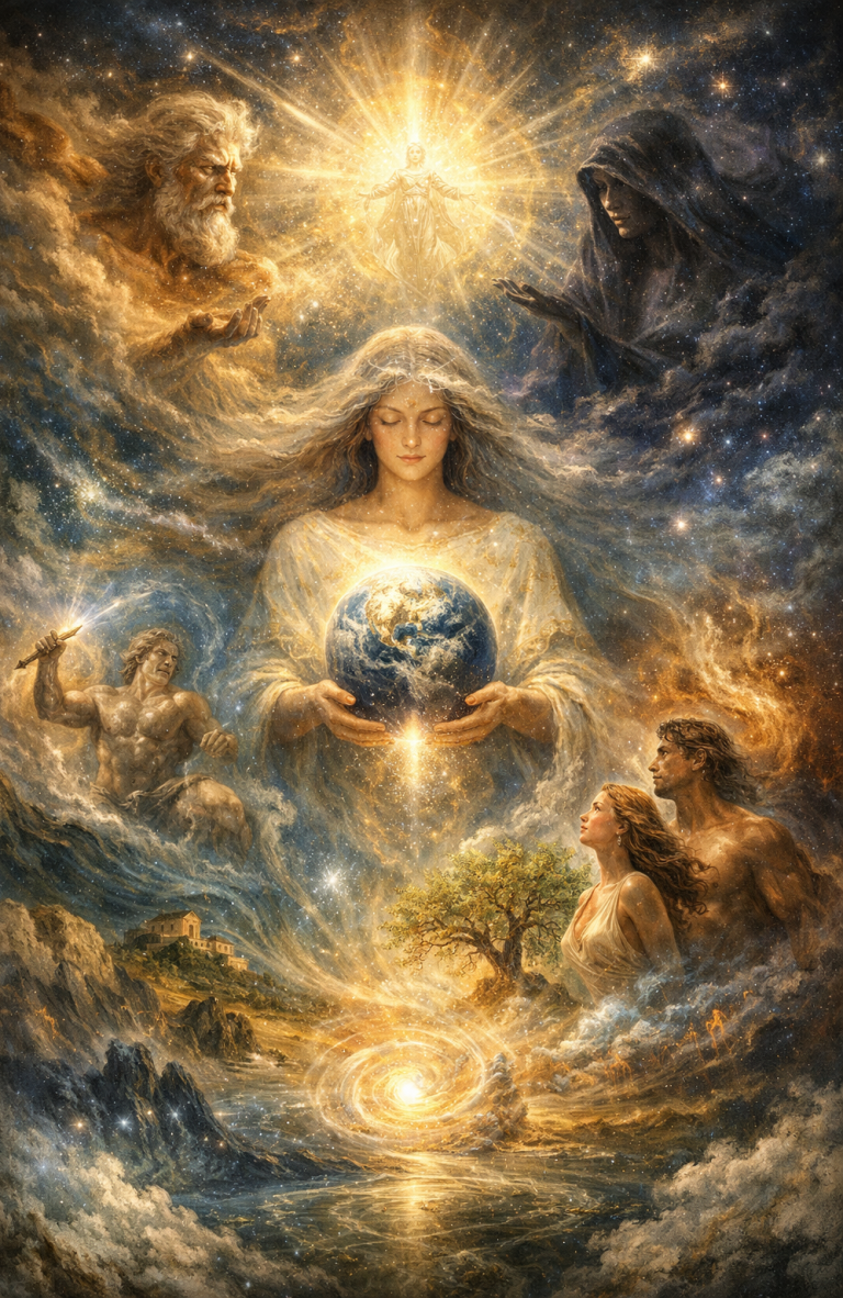 Hesiod's *Theogony* (c. 700 BC) narrates how the cosmos and the gods emerged from Chaos and how Zeus established his dominion. Eine Lichtgestalt hält die Erde, umgeben von spirituellen Figuren und Sternen.