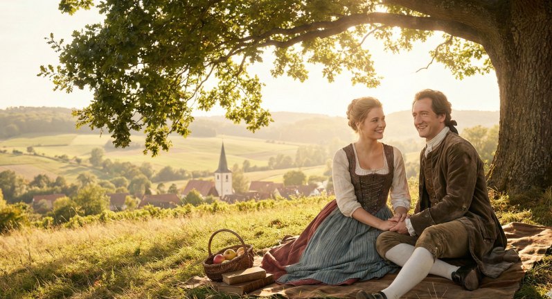 Paar sitzt eng umschlungen in prunkvollem, historischem Raum mit Kerzenlicht.