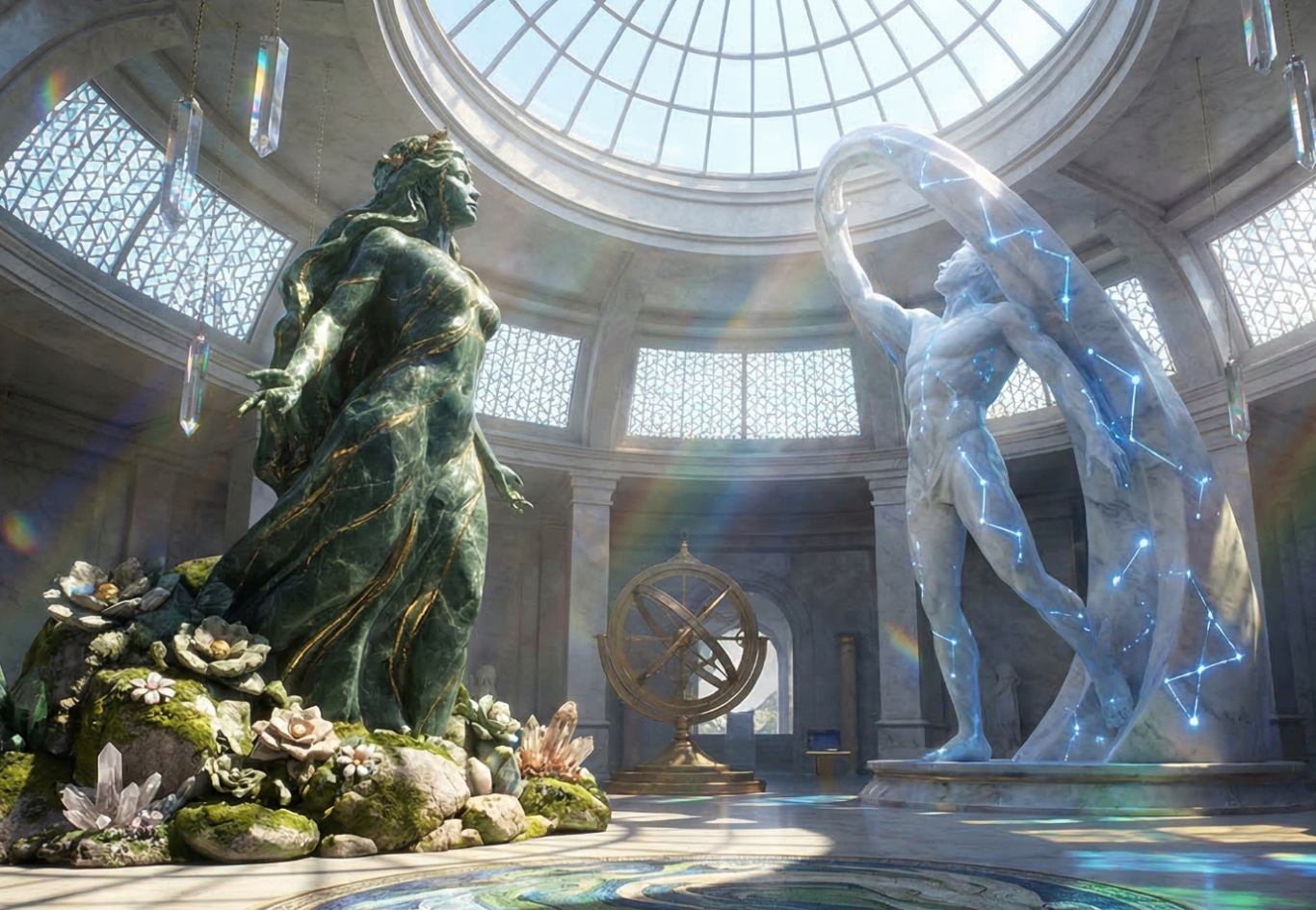 Zauberhafte Innenansicht mit zwei Skulpturen und einem astronomischen Globus.