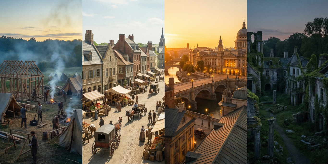 Historische Stadtansichten mit Markt, Gebäuden, Natur und Abendstimmung.