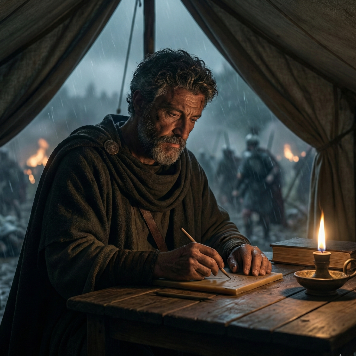 Ein nachdenklicher Mann schreibt bei Kerzenlicht in einem Zelt, im Hintergrund Chaos.