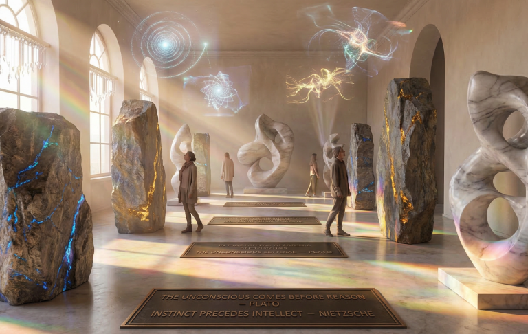 Futuristischer Raum mit skulpturalen Objekten und schimmernden Lichtreflexen.