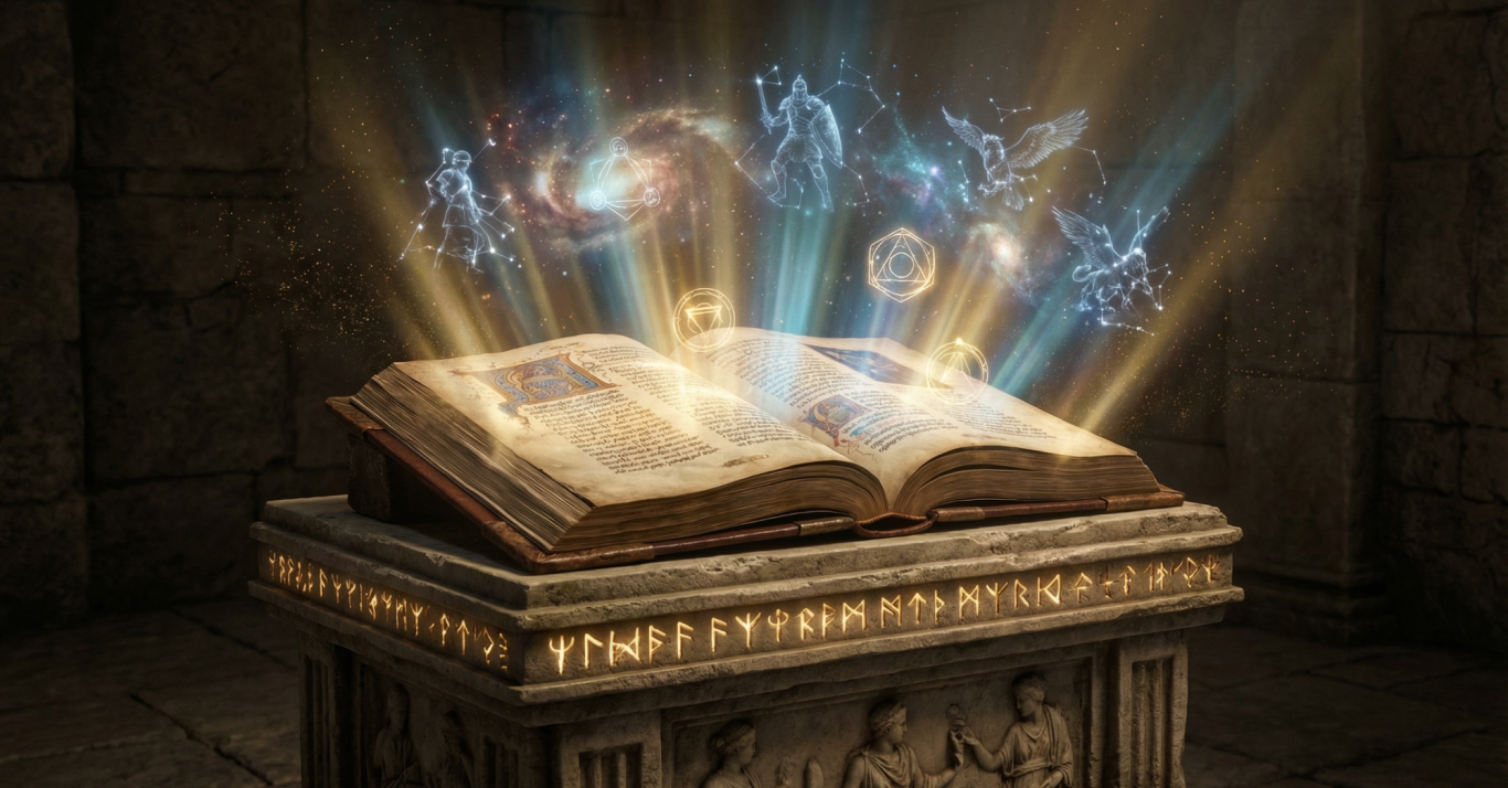 Ein offenstehendes Buch mit leuchtenden, magischen Symbolen darüber schwebend.