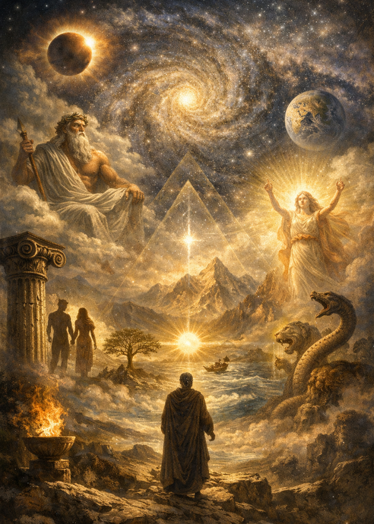 The *Theogony* concludes with an enumeration of the gods, their lineage, and their spheres of power—a poetic system of divine and cosmic order. Eine himmlische Szene mit Göttern, Galaxien, Pyramiden und mythologischen Figuren.
