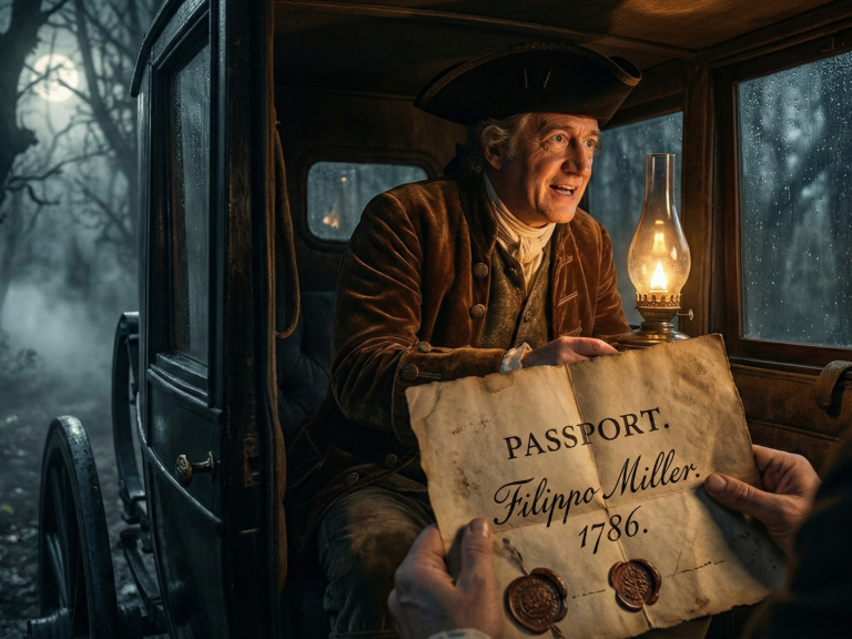 Dunkler Wald mit einer Pferdekutsche, die von zwei Pferden gezogen wird. Mystische Atmosphäre.