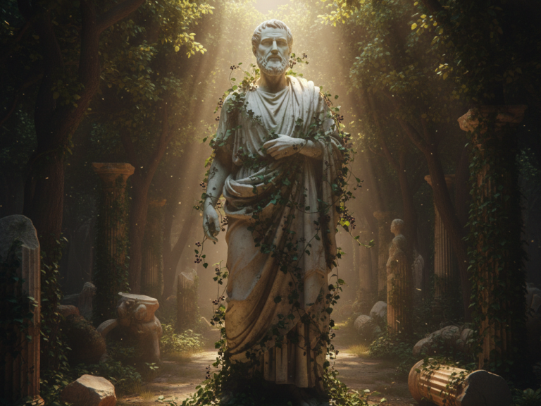 Eine Statue eines alten Philosophen, umgeben von Bäumen und sanftem Licht.
