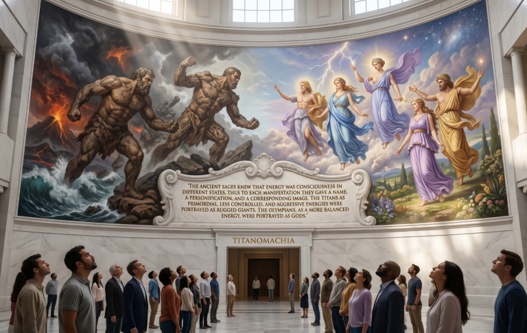 Menschen betrachten ein beeindruckendes Wandgemälde mit mythologischen Figuren.