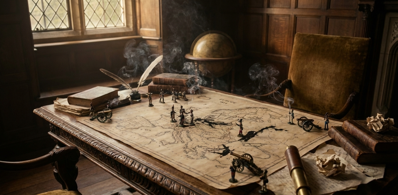 Antike Landkarte auf einem Tisch mit Kompassen, einer Erdkugel und Figuren.