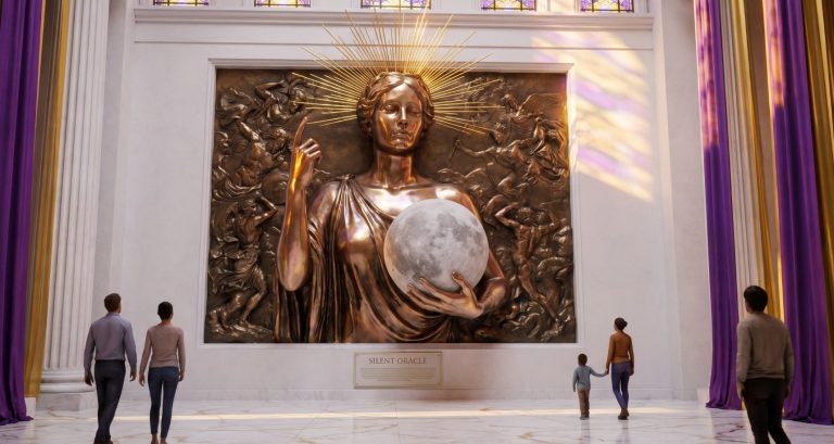 Phoebe, "The Radiant," is the Titan of prophecy and intuition, embodying the luminous intellect and direction of the Sagittarian archetype with strong Aquarian traits. Eine Statue einer Frau mit einem Globus in einer großen, hell erleuchteten Halle.