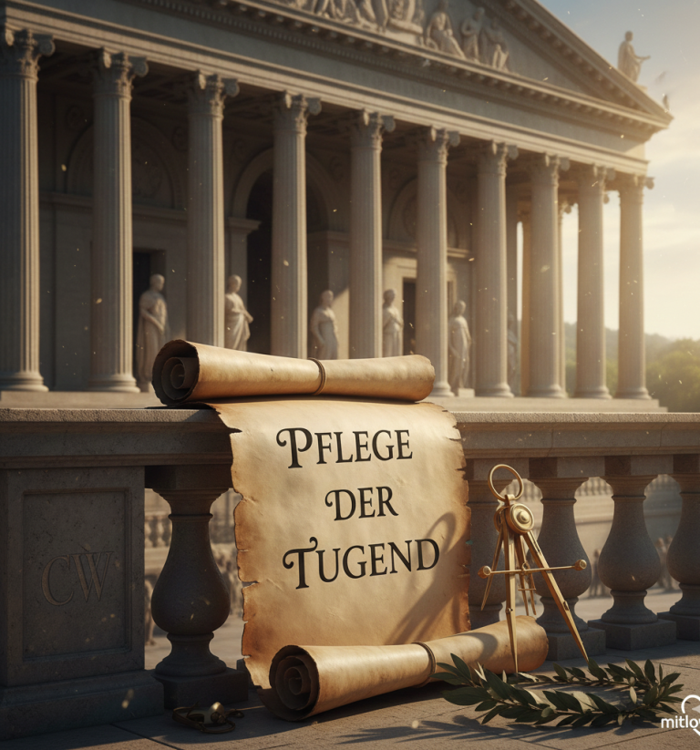 Pflege der Tugend. Das Corpus Platonicum. Dialoge als philosophisches Drama Rollenpapier mit der Aufschrift „Pflege der Tugend“ vor klassizistischem Gebäude.