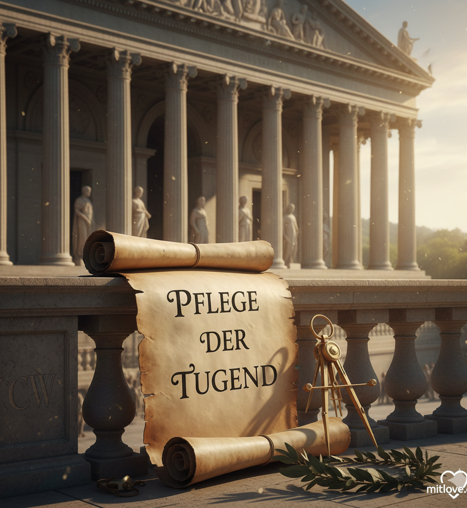 Pflege der Tugend. Das Corpus Platonicum. Dialoge als philosophisches Drama Rollenpapier mit der Aufschrift „Pflege der Tugend“ vor klassizistischem Gebäude.