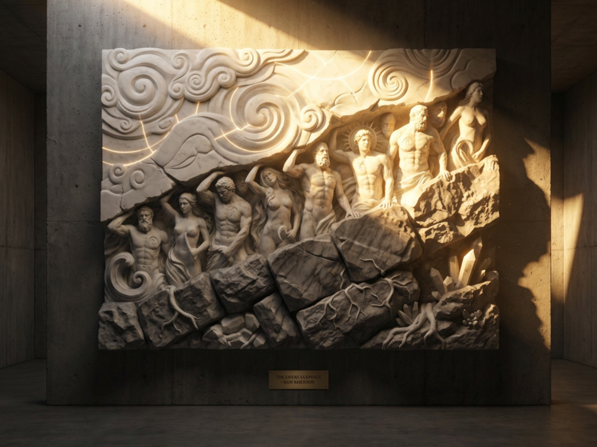 Humanity's battle amidst duality: Earth & Heaven; Matter & Spirit; "Good" & "Evil" Relief mit menschlichen Figuren, skulptural in einem hell erleuchteten Raum.