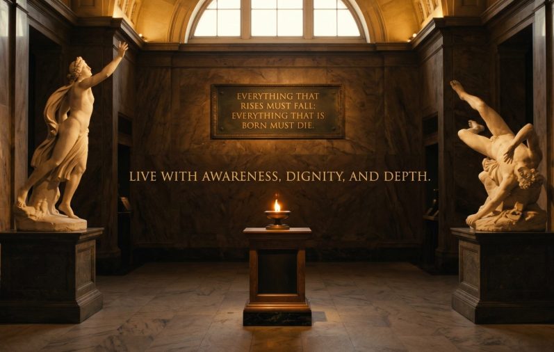 Far from being a punishment, this law fills the incarnate experience, with intensity and value. It is not merely the biological end that matters, but the affinity quality, with which consciousness traverses its boundary. In einem Raum mit Skulpturen und einer Kerze steht der Spruch „Leben mit Anmut, Würde und Tiefe“.