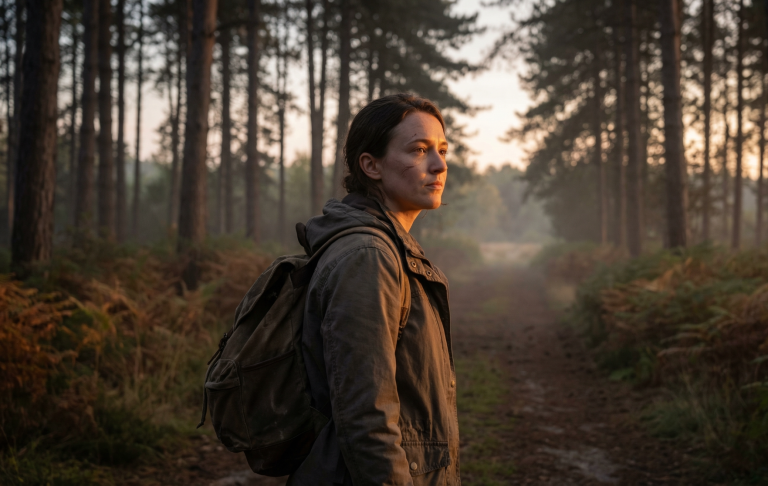 Frau mit Rucksack steht in einem Waldweg, umgeben von Bäumen und Morgennebel.