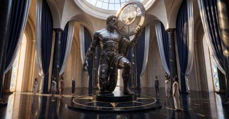 Coeus ' limitation is his lack of love and separatist nature, which must be transmuted into spiritual discernment and unity. Imposante Statue eines sitzenden Kriegers in einem prunkvollen Raum mit großen Fenstern.