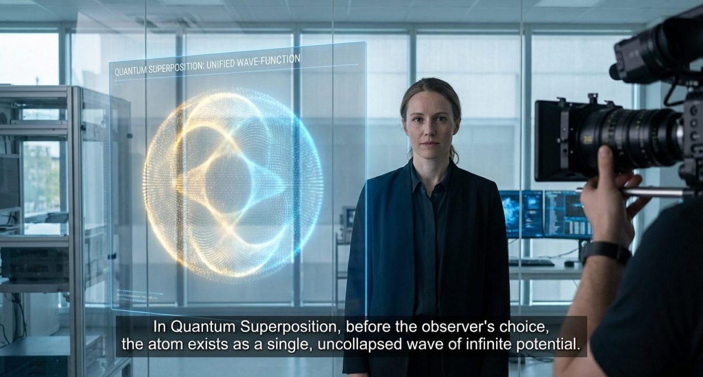 Frau steht vor einer futuristischen Projektion mit blauem Licht.