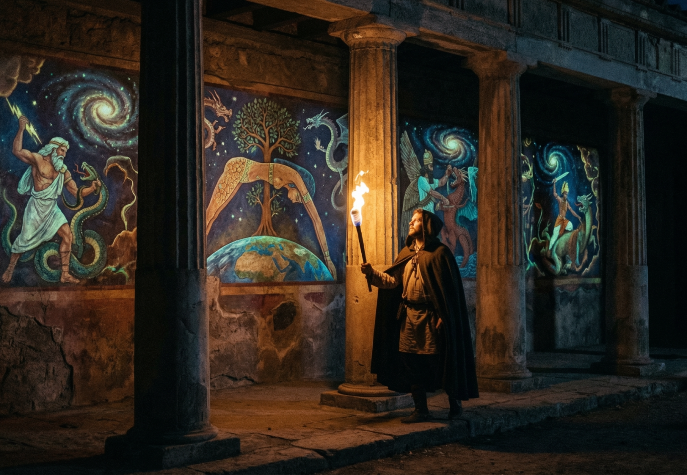 Person mit Fackel steht unter Säulen, bewundert Wandmalereien mit Galaxien und Naturmotiven.
