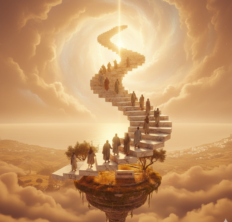 Mit jedem Akt des Dienens, jedem Akt der Vergebung, jedem Akt des Verständnisses steigen wir eine Stufe auf der Leiter der ewigen Vision empor, auf der wir wandeln. Wolkige Treppe, die in einen strahlenden Himmel führt, umgeben von mystischen Figuren.