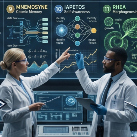 THE LABORATORIES — Where the Myth Is Decoded Zwei Wissenschaftler in Laborkleidung analysieren Daten und Diagramme zur Forschung.