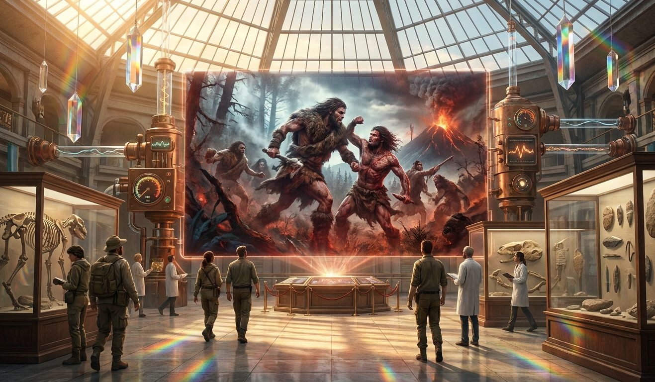Wissenschaftler und Besucher betrachten ein großes, fantasievolles Gemälde in einem Ausstellungssaal.