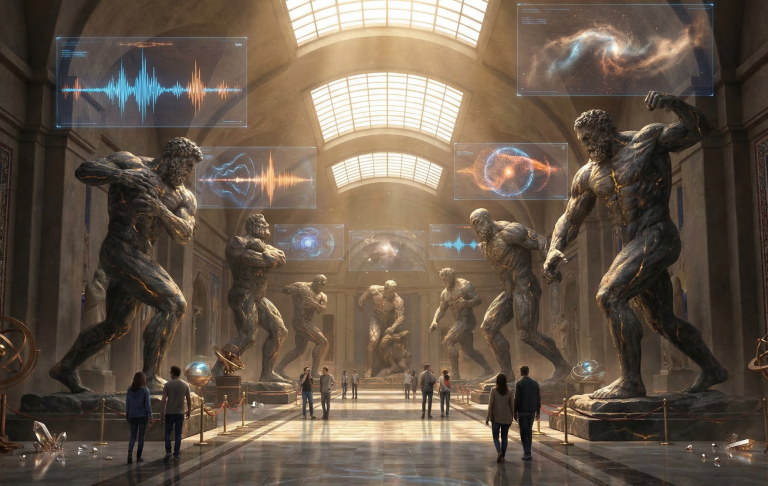 Ein Raum mit antiken Statuen und holografischen Displays an den Wänden.