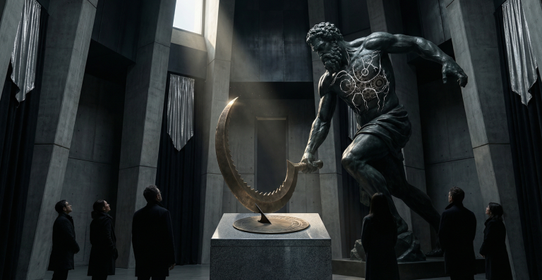 The mythological figure of Kronos, the Titan, symbolizes the establishment of an expansive order. He represents entropy in its creative function: the dispersion of concentrated energy that makes movement, differentiation, and transformation possible. Sitzende Menschen in einem Raum mit einer Statue und einem leuchtenden, goldenen Objekt.