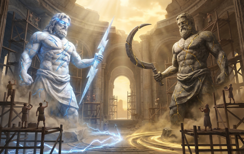 Tormented by the prophecy that he would be dethroned by a descendant, Cronus swallows every newborn—Hestia, Demeter, Hera, Hades, and Poseidon—keeping them suspended outside of time, sequestered within himself. Only Zeus escapes, thanks to the cunning of Rhea, the mother positioned between heaven and earth. Zwei mächtige Götter stehen sich in einer antiken Arena gegenüber, umgeben von Licht und Schatten.