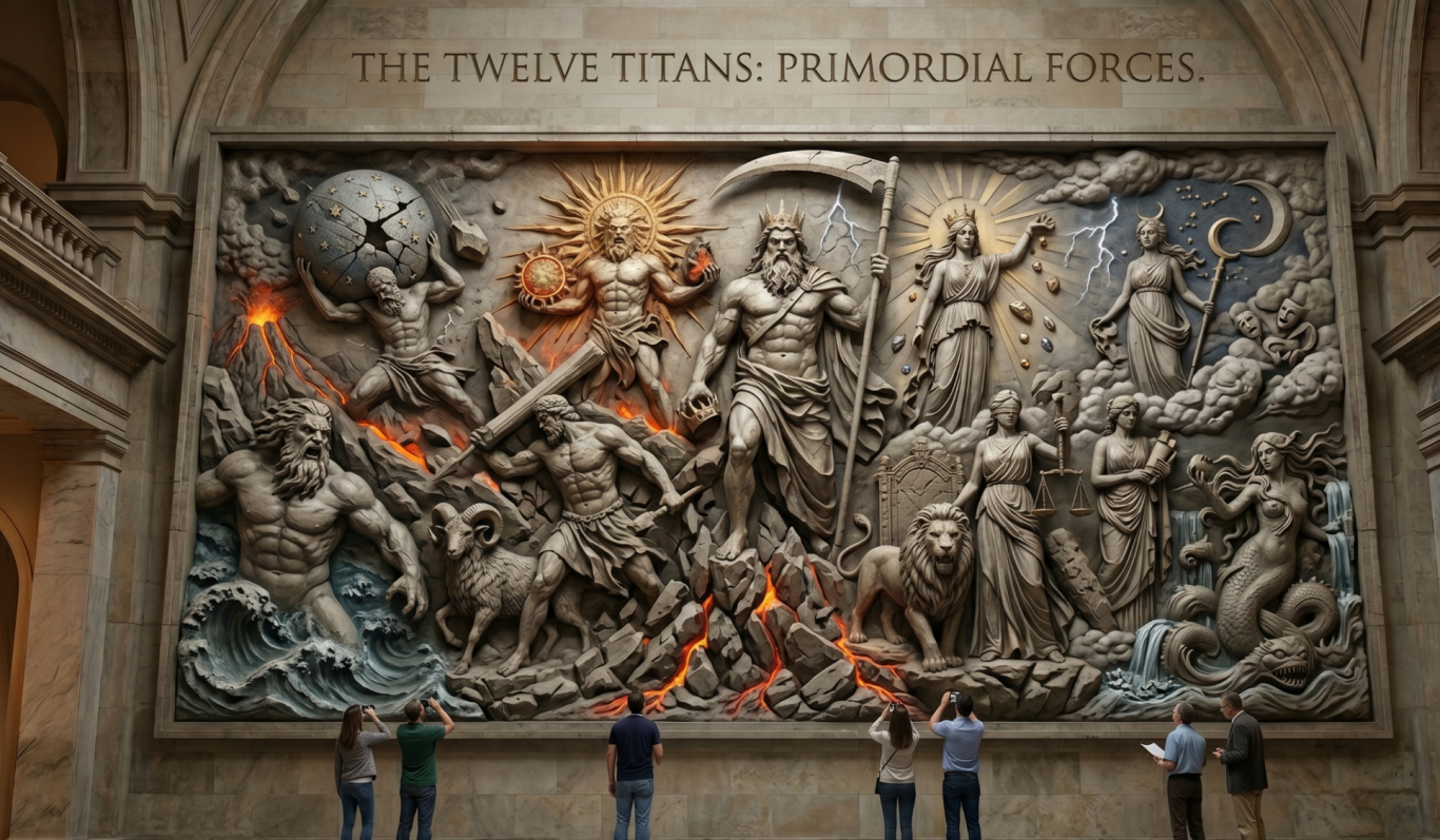 Relief mit mythologischen Figuren und dramatischen Szenen, umgeben von Besuchern.