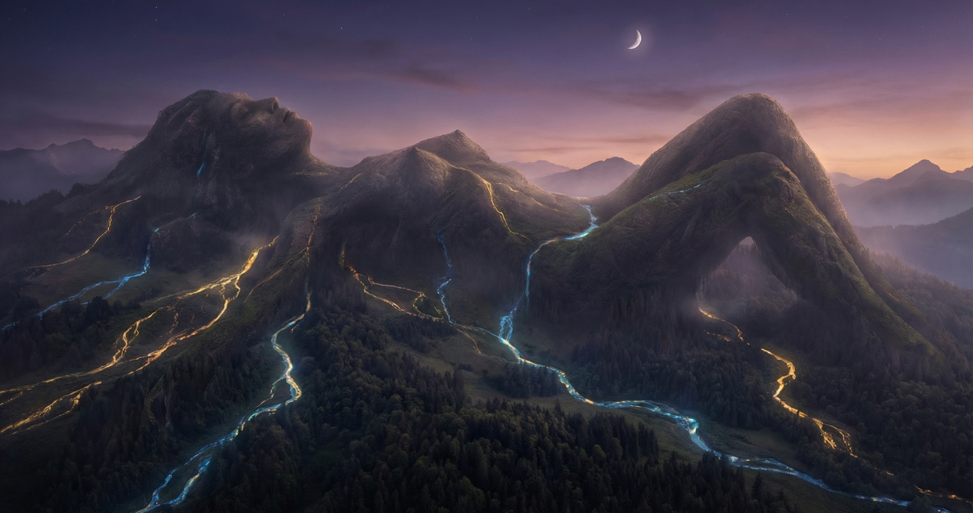 Berglandschaft mit fließenden Flüssen und einem klaren Nachthimmel.