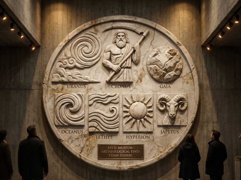 Die Zwölf Titanen Eine antike Statue vor einer mystischen, naturbelassenen Kulisse mit Galaxien.