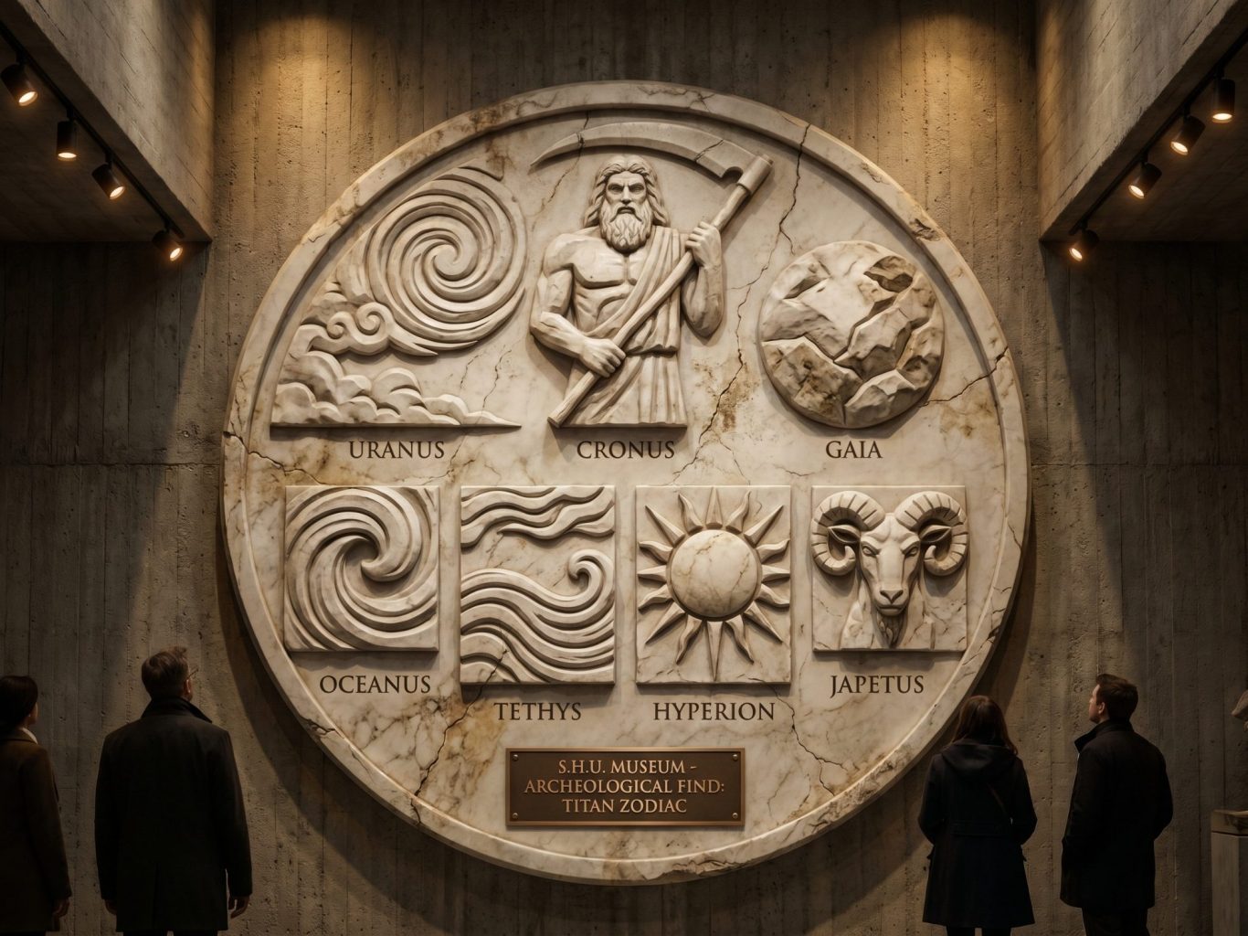 Eine antike Statue vor einer mystischen, naturbelassenen Kulisse mit Galaxien.