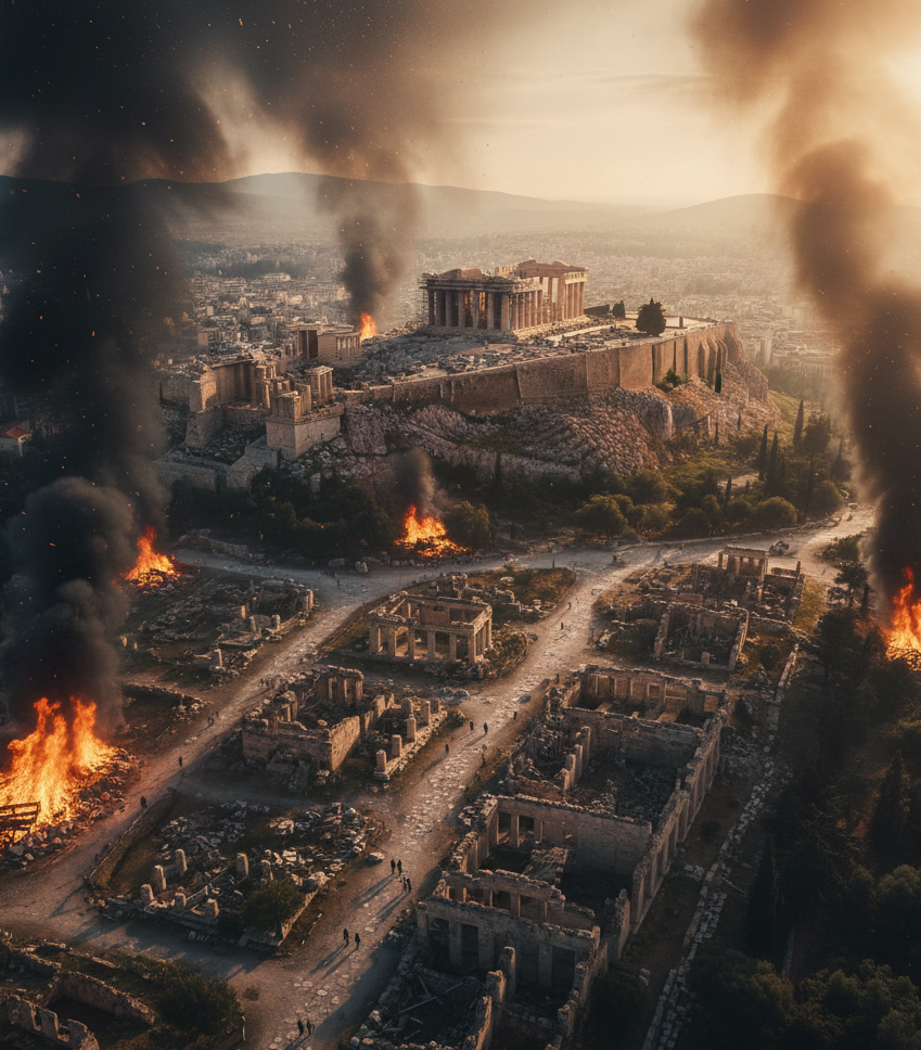 Platon - Historischer Kontext und Biographie Brennende Ruinen um eine antike Festung in einer dramatischen, rauchgefüllten Landschaft.