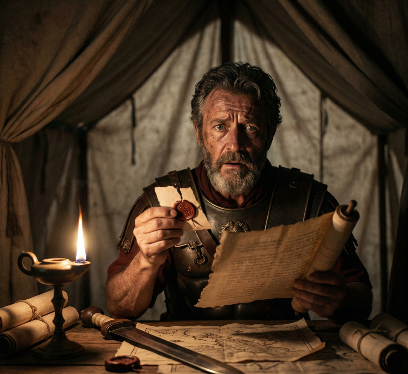 Ein römischer Schriftsteller mit einem Pergament und einer Kerze in einem Zelt.