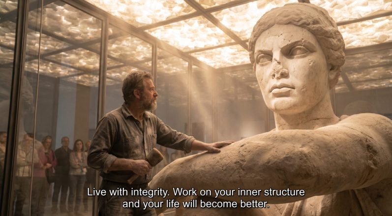 Theia's integrity is non-negotiable honesty: seeing essence without illusion. Integrating her vision frees one from superficial values, fostering "long vision" focused on light's intrinsic quality. Integrated, the "rough stone of existence" becomes luminous, allowing divine will (Zeus's light) to shine through, making the being a beacon of truth. Ein Mann steht neben einer großen Statue in einem beleuchteten Raum.