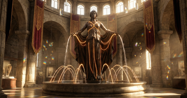 The Liquid Titan, Tethys, embodies nourishment and flow, creating life's web and the planetary respiration cycle (Hydrological Cycle). Brunnenstatue in einem prunkvollen, beleuchteten Innenraum mit historischen Elementen.
