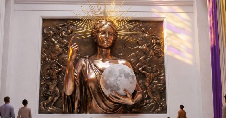 As a luminous arrow, she reveals destiny and causal structures, perceiving the interconnection of all things. Bronzeskulptur einer Frau mit einer Weltkugel in der Hand, strahlendes Licht im Hintergrund.