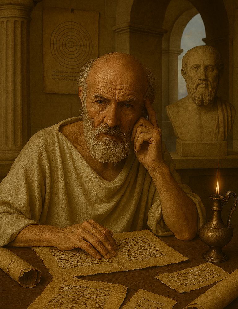 Plotin | Der Neuplatoniker - "Ewiges Licht" Ein weiser, älterer Mann in antiker Kleidung sitzt nachdenklich, im Hintergrund Statuen.