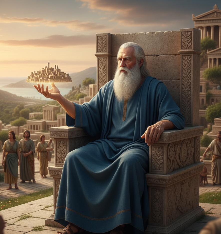 Politische Philosophie: Der Idealstaat - Der Philosophen König Weißhaariger, bärtiger Mann in blauer Robe sitzt auf einem Thron und hält eine Stadt in der Hand.